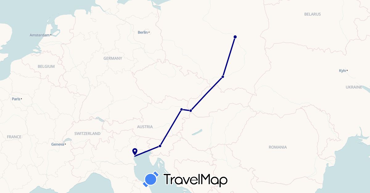 TravelMap itinerary: driving in Austria, Italy, Poland, Slovenia, Slovakia (Europe)
